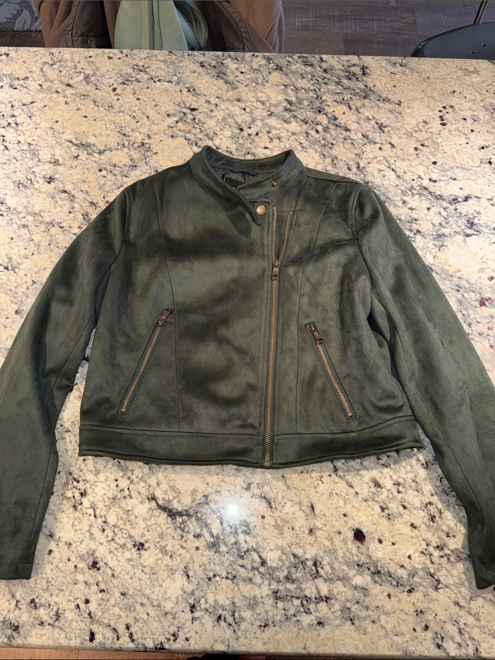Banana Republic Women’s Dark Green Faux Suede Moto Jacket with Brass Toned Snaps